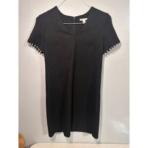 Cato Black Textured Shift Dress V-Neck Pearl Trim Short Sleeve Womens XS